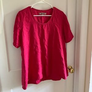 FLAX Top Shirt Large 100% Linen Solid Red Short Sleeve Pullover Lagenlook